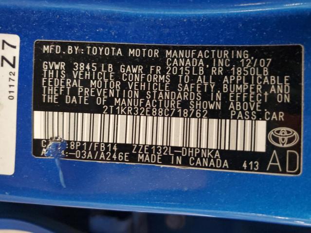 2T1KR32E88C718762 - 2008 TOYOTA COROLLA MA XR BLUE photo 13