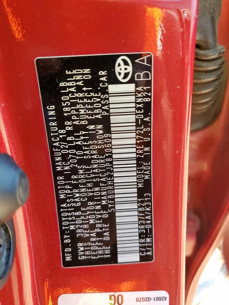 5YFBURHE2JP810609 - 2018 TOYOTA COROLLA L RED photo 13