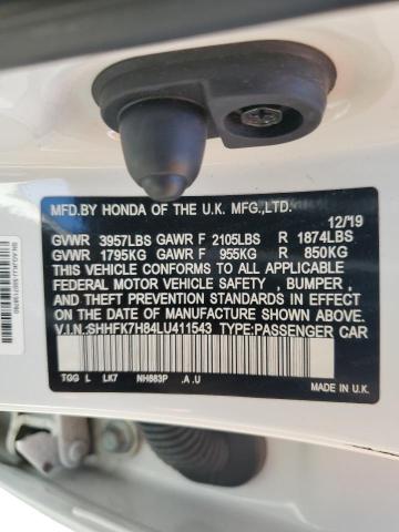 SHHFK7H84LU411543 - 2020 HONDA CIVIC EXL თეთრი ფოტო 12