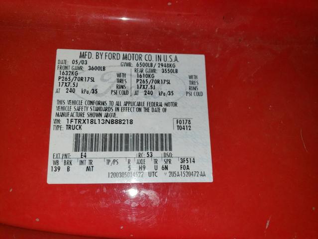 1FTRX18L13NB88218 - 2003 FORD F150 4WD RED photo 12