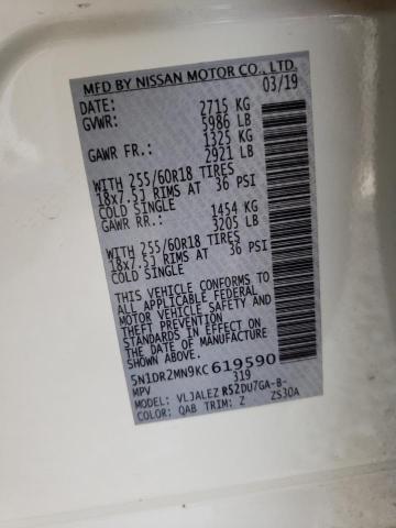 5N1DR2MN9KC619590 - 2019 NISSAN PATHFINDER S WHITE photo 13