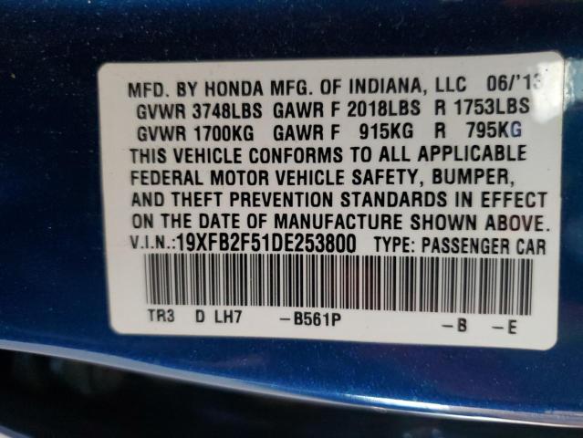 19XFB2F51DE253800 - 2013 HONDA CIVIC LX BLUE photo 12