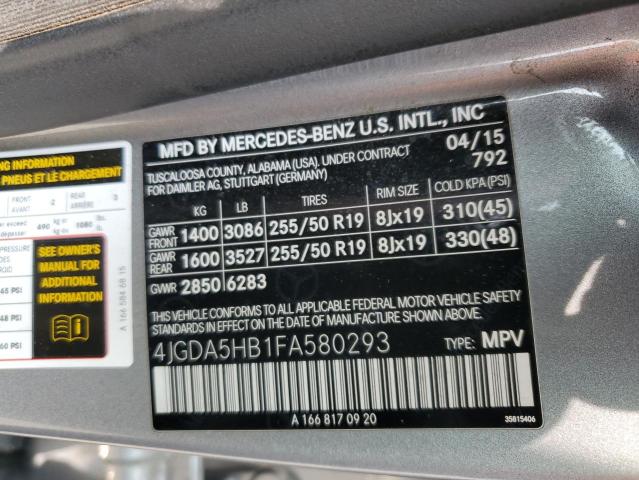 4JGDA5HB1FA580293 - 2015 MERCEDES-BENZ ML 350 4MATIC SILVER photo 13