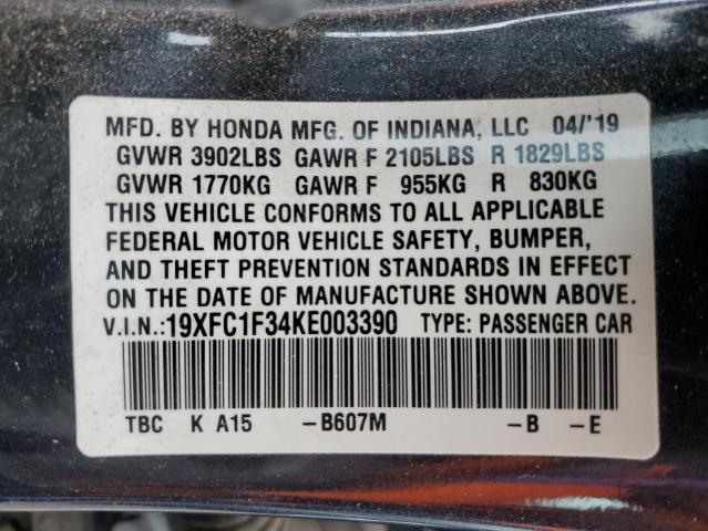 19XFC1F34KE003390 - 2019 HONDA CIVIC EX BLUE photo 12