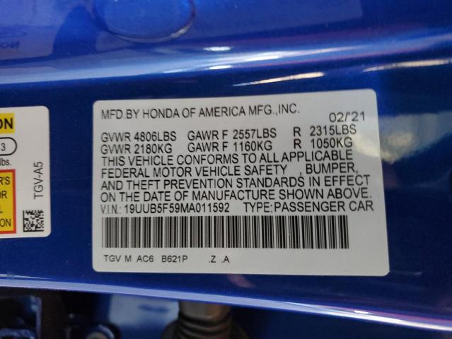 19UUB5F59MA011592 - 2021 ACURA TLX TECH A BLUE photo 12