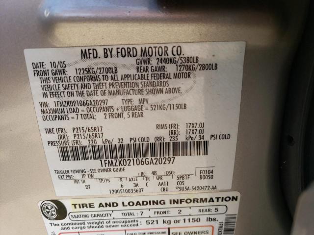 1FMZK02106GA20297 - 2006 FORD FREESTYLE SEL SILVER photo 12