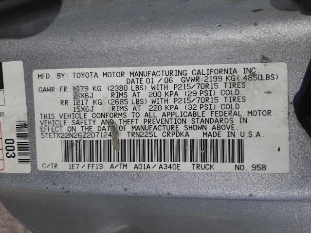 5TETX22N26Z207124 - 2006 TOYOTA TACOMA ACCESS CAB SILVER photo 10