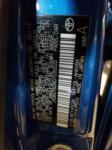 JTDKDTB3XD1535522 - 2013 TOYOTA PRIUS C BLUE photo 12