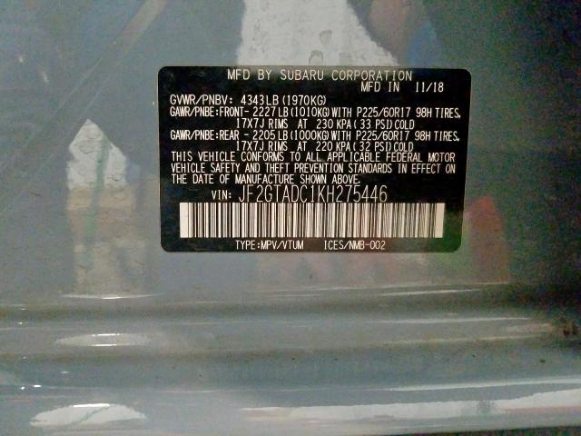 JF2GTADC1KH275446 - 2019 SUBARU CROSSTREK PREMIUM  ფოტო 10