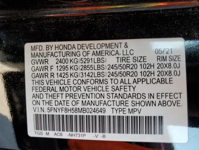 5FNYF8H58MB024649 - 2021 HONDA PASSPORT EXL أسود صورة 12