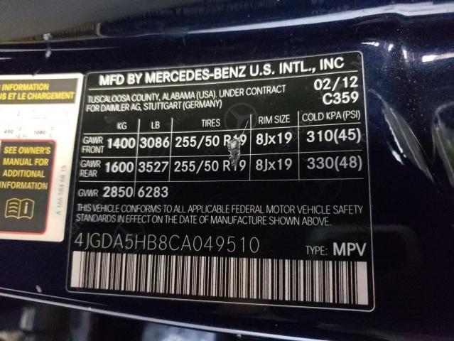 4JGDA5HB8CA049510 - 2012 MERCEDES-BENZ ML 350 4MATIC BLUE photo 13