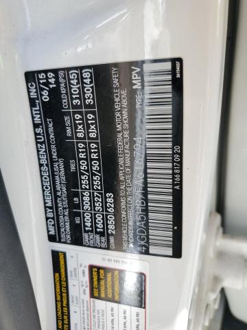 4JGDA5HB7FA616794 - 2015 MERCEDES-BENZ ML 350 4MATIC WHITE photo 12