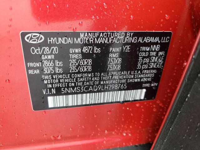 5NMS3CAD9LH298765 - 2020 HYUNDAI SANTA FE SEL RED photo 13