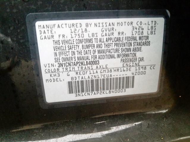 3N1CN7AP2KL840003 - 2019 NISSAN VERSA S  photo 10