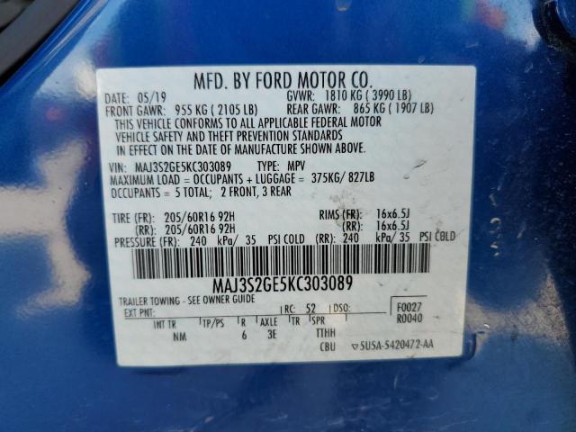 MAJ3S2GE5KC303089 - 2019 FORD ECOSPORT SE Azul foto 13