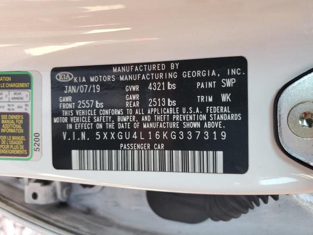 5XXGU4L16KG337319 - 2019 KIA OPTIMA EX WHITE photo 12