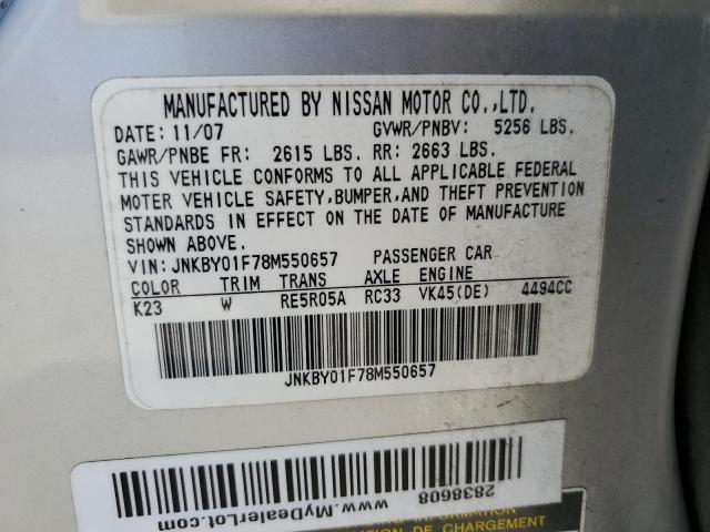 JNKBY01F78M550657 - 2008 INFINITI M45 SILVER photo 12