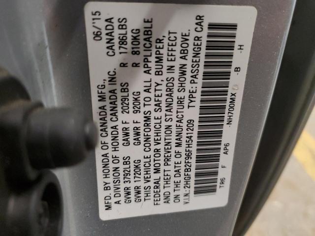 2HGFB2F96FH541209 - 2015 HONDA CIVIC EXL ვერცხლისფერი ფოტო 12