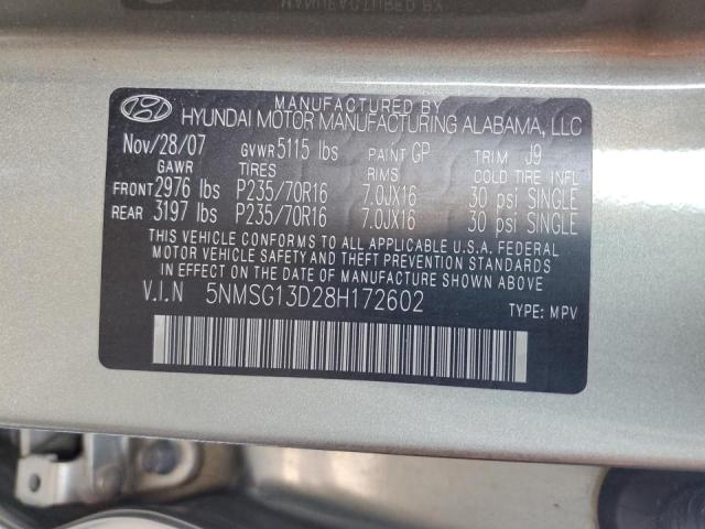 5NMSG13D28H172602 - 2008 HYUNDAI SANTA FE GLS SILVER photo 10