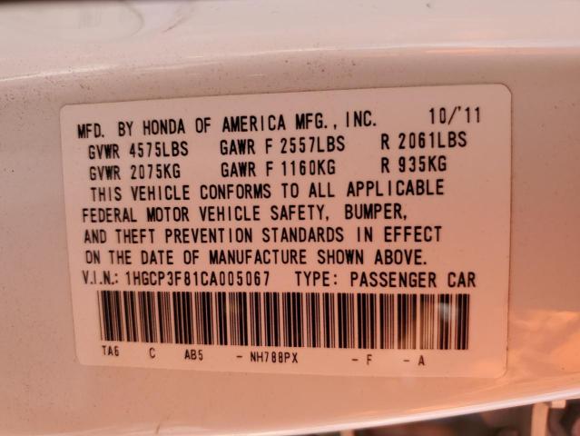 1HGCP3F81CA005067 - 2012 HONDA ACCORD EXL WHITE photo 12