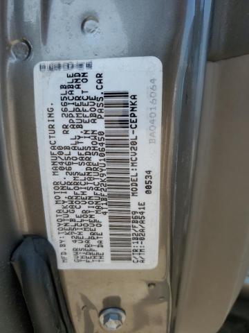 4T1BF22K9YU106450 - 2000 TOYOTA CAMRY LE GRAY photo 12