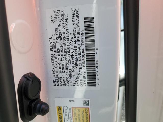 5FNYF7H51MB008464 - 2021 HONDA PASSPORT EXL თეთრი ფოტო 12