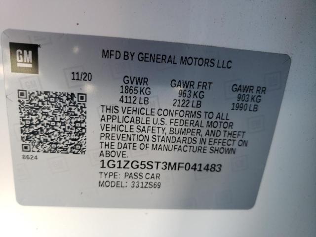1G1ZG5ST3MF041483 - 2021 CHEVROLET MALIBU RS თეთრი ფოტო 12