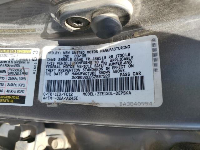 1NXBR32E26Z597920 - 2006 TOYOTA COROLLA CE CHARCOAL photo 12