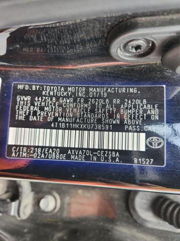 4T1B11HKXKU738591 - 2019 TOYOTA CAMRY L BLACK photo 12