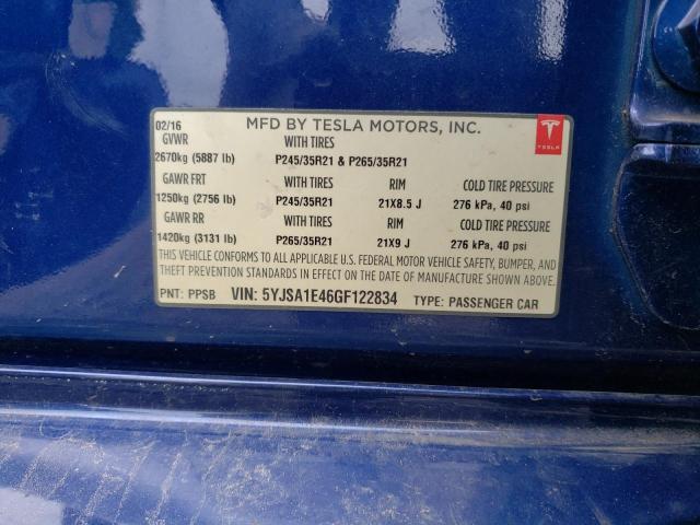 5YJSA1E46GF122834 - 2016 TESLA MODEL S Синій фото 13