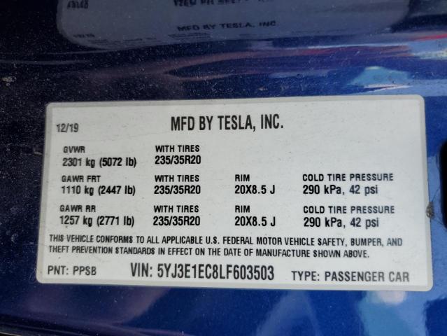 5YJ3E1EC8LF603503 - 2020 TESLA MODEL 3 BLUE photo 13