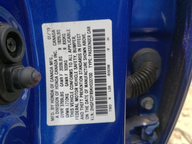 2HGFC2F89KH532700 - 2019 HONDA CIVIC SPORT 蓝色 照片 12