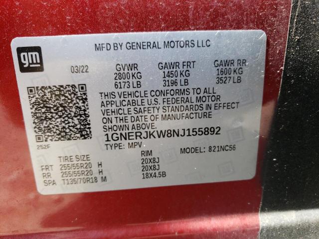 1GNERJKW8NJ155892 - 2022 CHEVROLET TRAVERSE RS RED photo 13