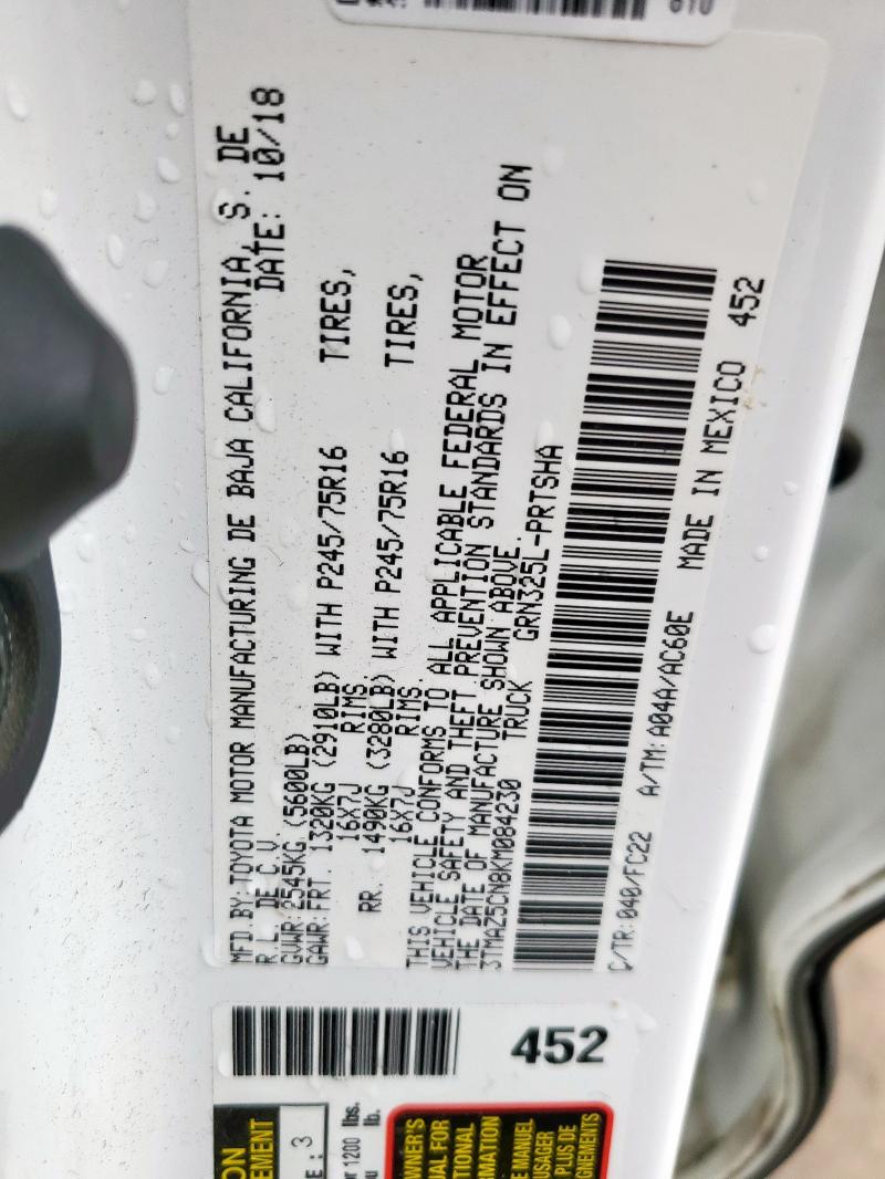 3TMAZ5CN8KM084230 - 2019 TOYOTA TACOMA DOUBLE CAB WHITE photo 12