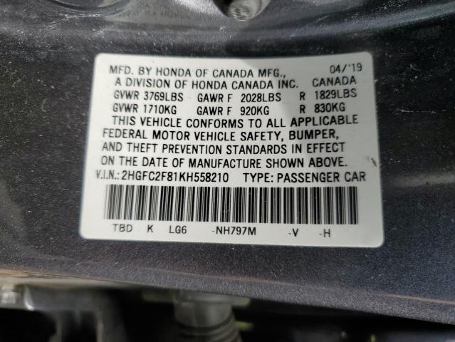 2HGFC2F81KH558210 - 2019 HONDA CIVIC SPORT 灰色 照片 12