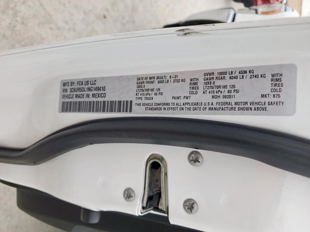 3C6UR5DL1NG149410 - 2022 RAM 2500 BIG HORN/LONE STAR WHITE photo 12