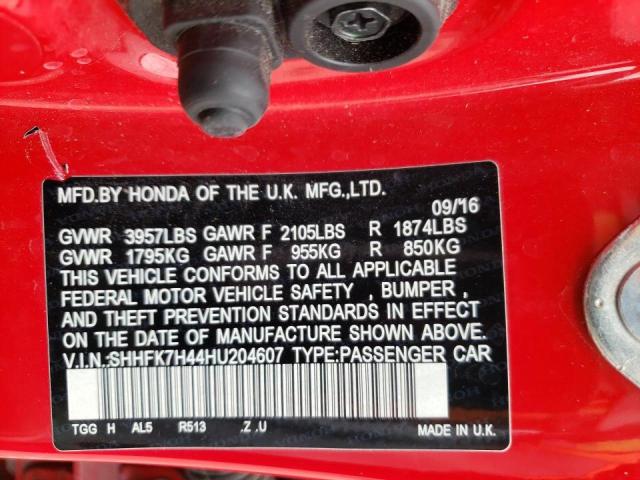 SHHFK7H44HU204607 - 2017 HONDA CIVIC SPORT RED photo 12