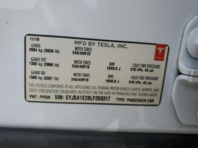 5YJSA1E28LF359317 - 2020 TESLA MODEL S WHITE photo 13