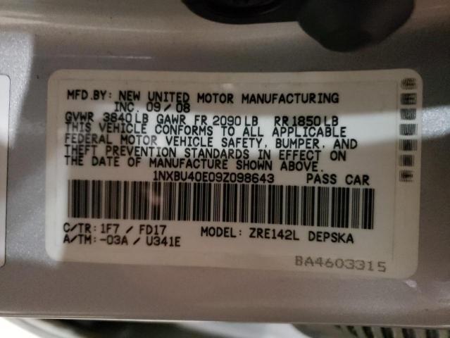 1NXBU40E09Z098643 - 2009 TOYOTA COROLLA BASE SILVER photo 12