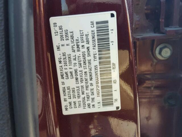 1HGCP2F8XAA065355 - 2010 HONDA ACCORD EXL MAROON photo 10