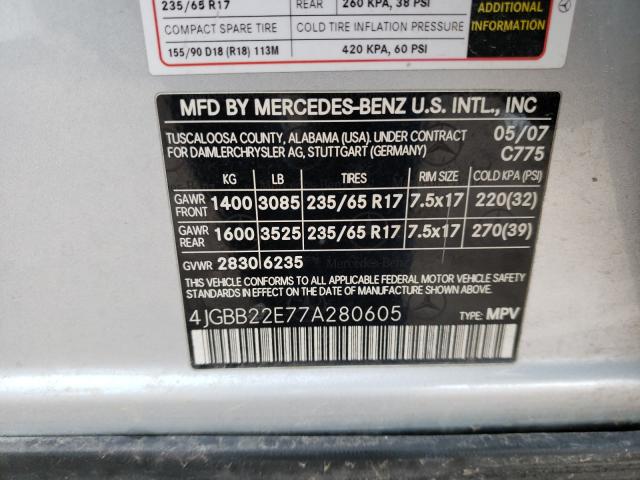 4JGBB22E77A280605 - 2007 MERCEDES-BENZ ML 320 CDI SILVER photo 10