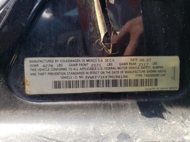 3VWEF71KX7M194196 - 2007 VOLKSWAGEN JETTA WOLFSBURG 黑色 照片 12