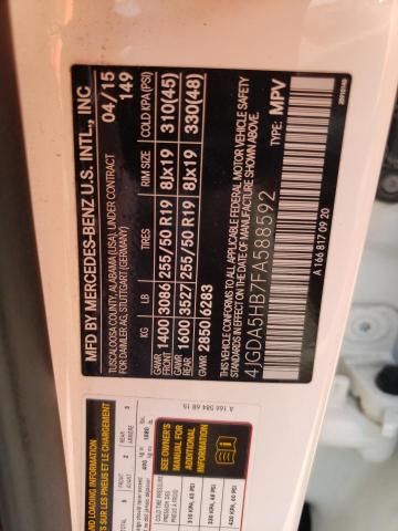 4JGDA5HB7FA588592 - 2015 MERCEDES-BENZ ML 350 4MATIC WHITE photo 12