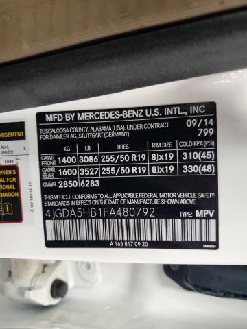 4JGDA5HB1FA480792 - 2015 MERCEDES-BENZ ML 350 4MATIC WHITE photo 13