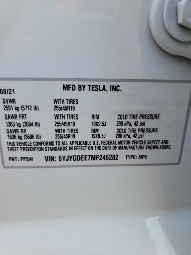 5YJYGDEE7MF245282 - 2021 TESLA MODEL Y WHITE photo 10