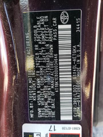 4T1BK1EB0DU034646 - 2013 TOYOTA AVALON BASE 勃艮第红 照片 12