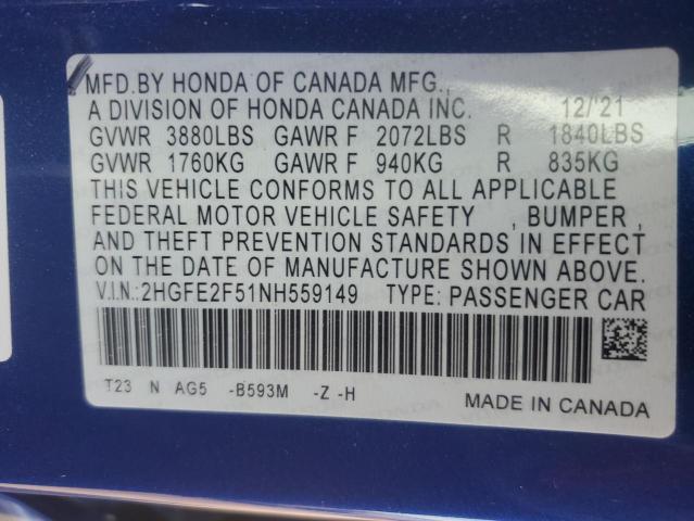 2HGFE2F51NH559149 - 2022 HONDA CIVIC SPORT BLUE photo 12
