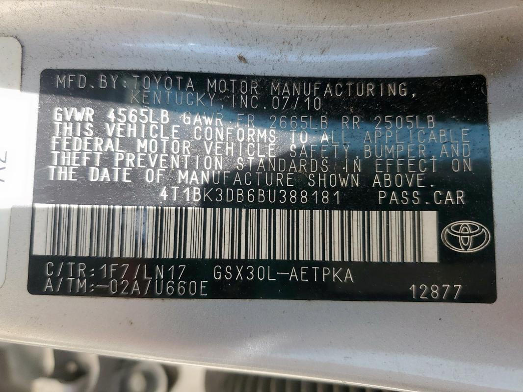 4T1BK3DB6BU388181 - 2011 TOYOTA AVALON BASE SILVER photo 12