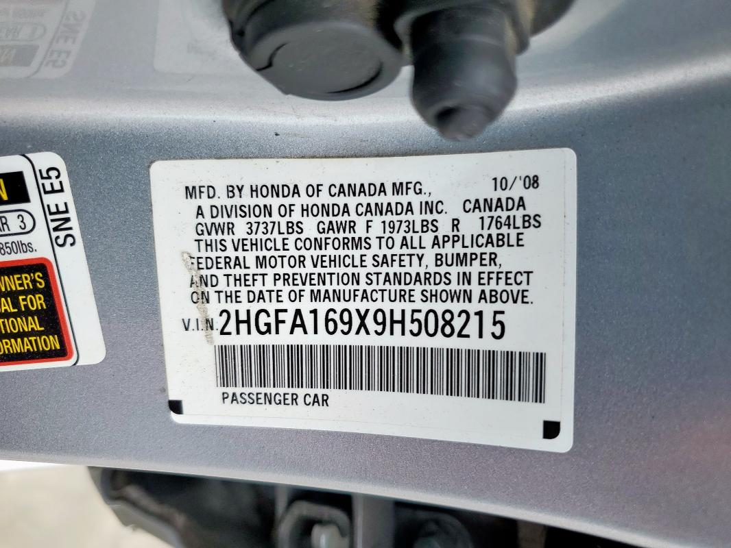 2HGFA169X9H508215 - 2009 HONDA CIVIC EXL SILVER photo 12