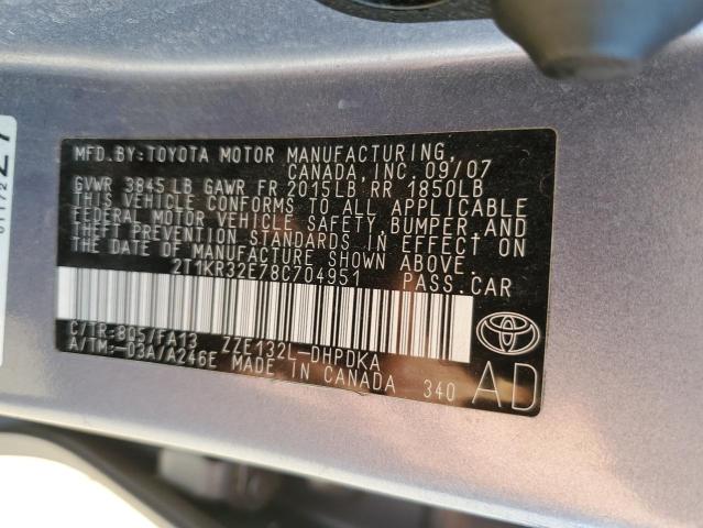 2T1KR32E78C704951 - 2008 TOYOTA COROLLA MA XR BLUE photo 12